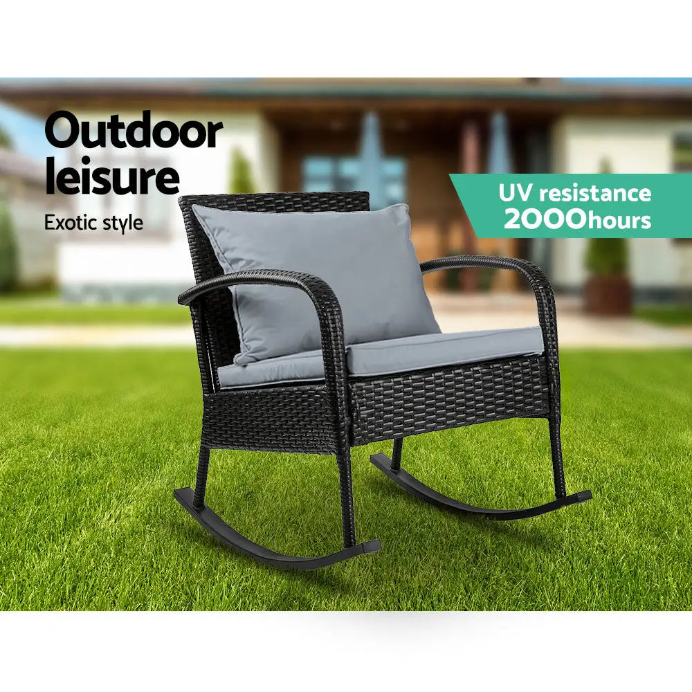 Gardeon Outdoor Furniture Rocking Chair Wicker Garden Patio Lounge Setting Black - Furniture > Outdoor