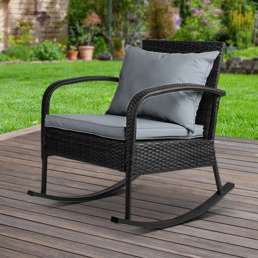 Gardeon Outdoor Furniture Rocking Chair Wicker Garden Patio Lounge Setting Black - Furniture > Outdoor