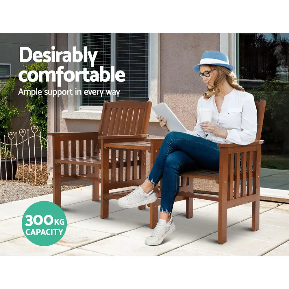 Gardeon Outdoor Garden Bench Loveseat Wooden Table Chairs Patio Furniture Brown - Furniture > Outdoor