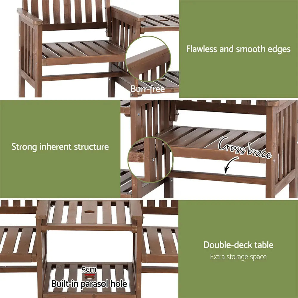 Gardeon Outdoor Garden Bench Loveseat Wooden Table Chairs Patio Furniture Brown - Furniture > Outdoor
