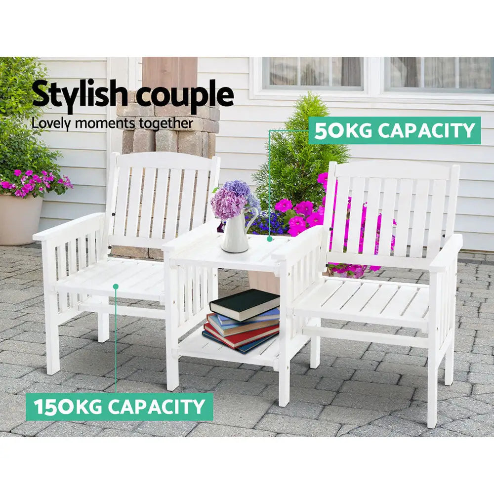 Gardeon Outdoor Garden Bench Loveseat Wooden Table Chairs Patio Furniture White - Furniture > Outdoor > Outdoor Chairs