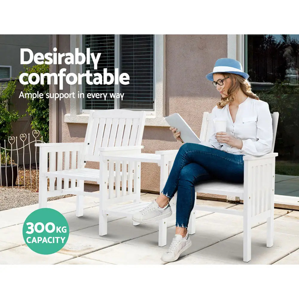 Gardeon Outdoor Garden Bench Loveseat Wooden Table Chairs Patio Furniture White - Furniture > Outdoor > Outdoor Chairs