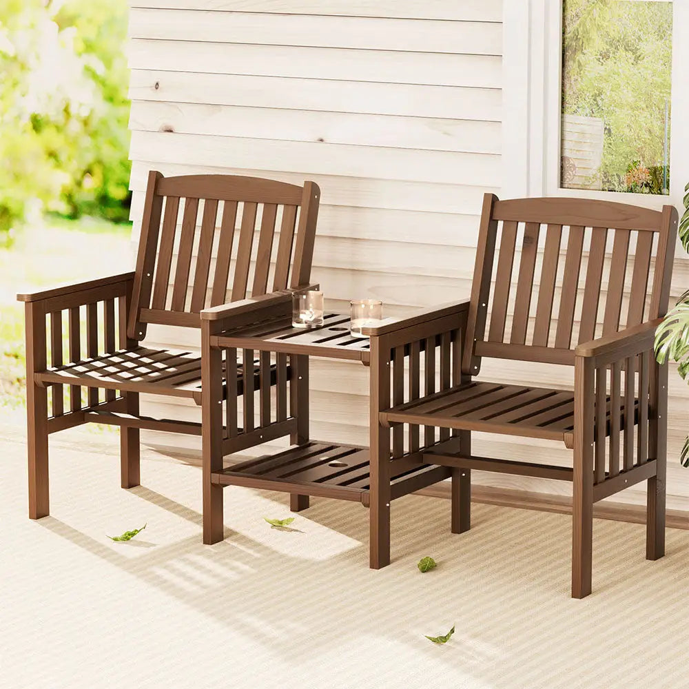 Gardeon Outdoor Garden Bench Loveseat Wooden Table Chairs Patio Furniture Brown - Furniture > Outdoor