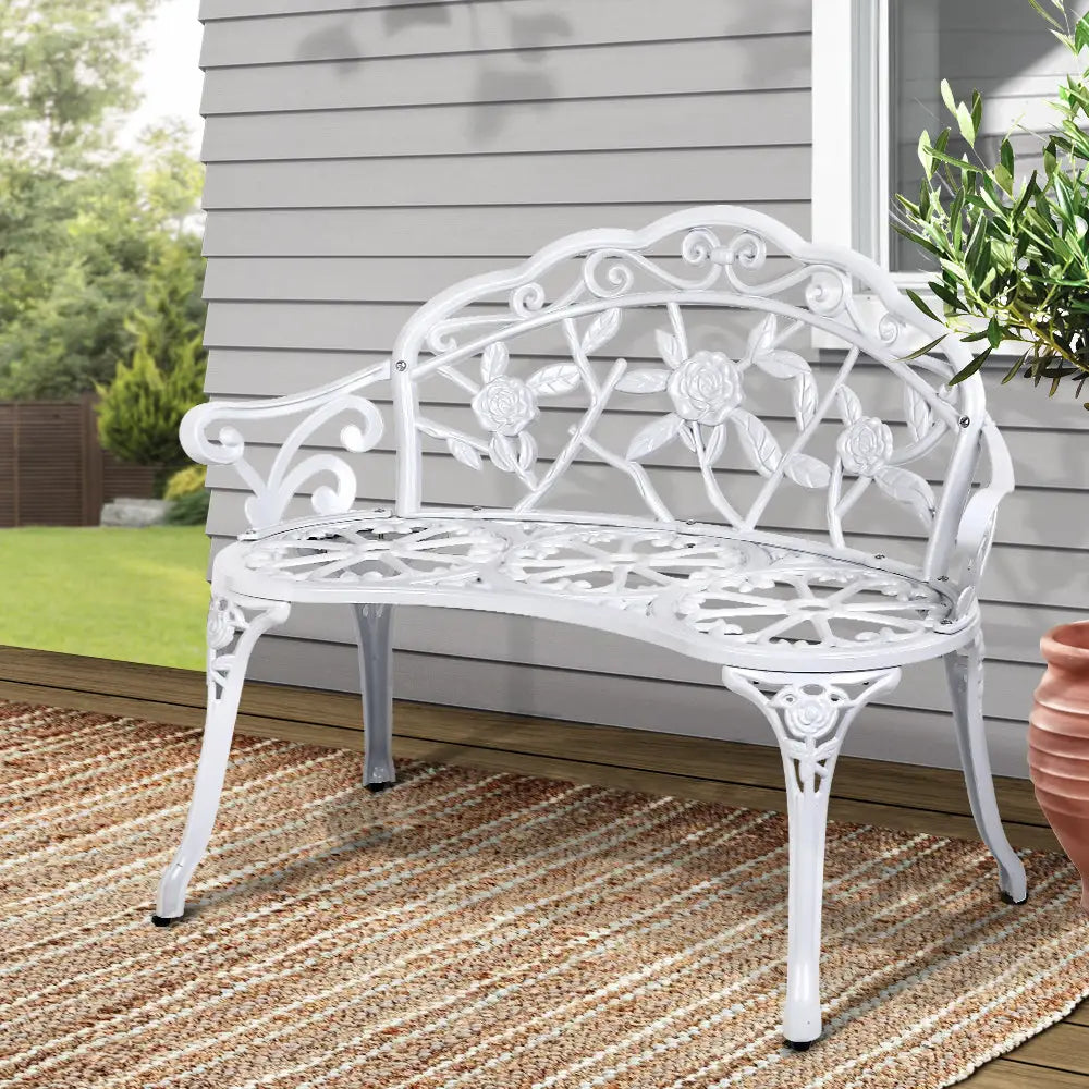 Gardeon Outdoor Garden Bench Seat 100cm Cast Aluminium Outdoor Patio Chair Vintage White - Furniture > Outdoor