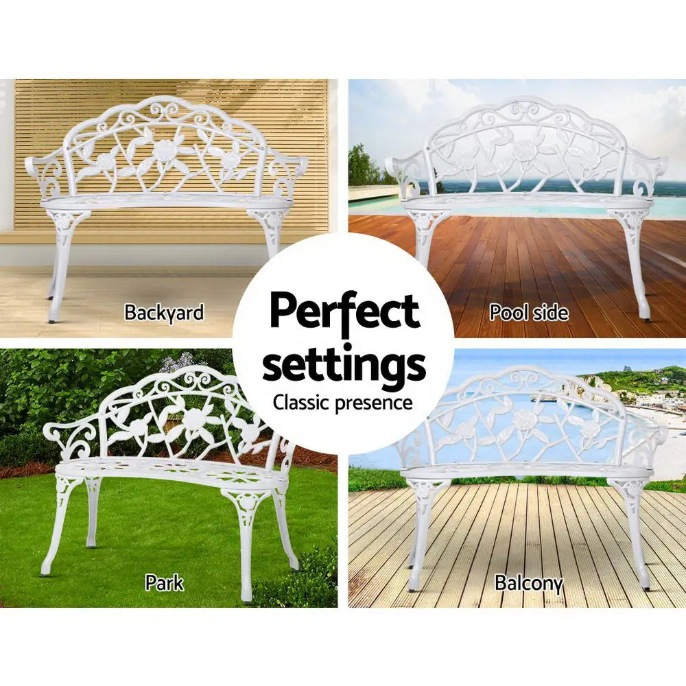 Gardeon Outdoor Garden Bench Seat 100cm Cast Aluminium Outdoor Patio Chair Vintage White - Furniture > Outdoor