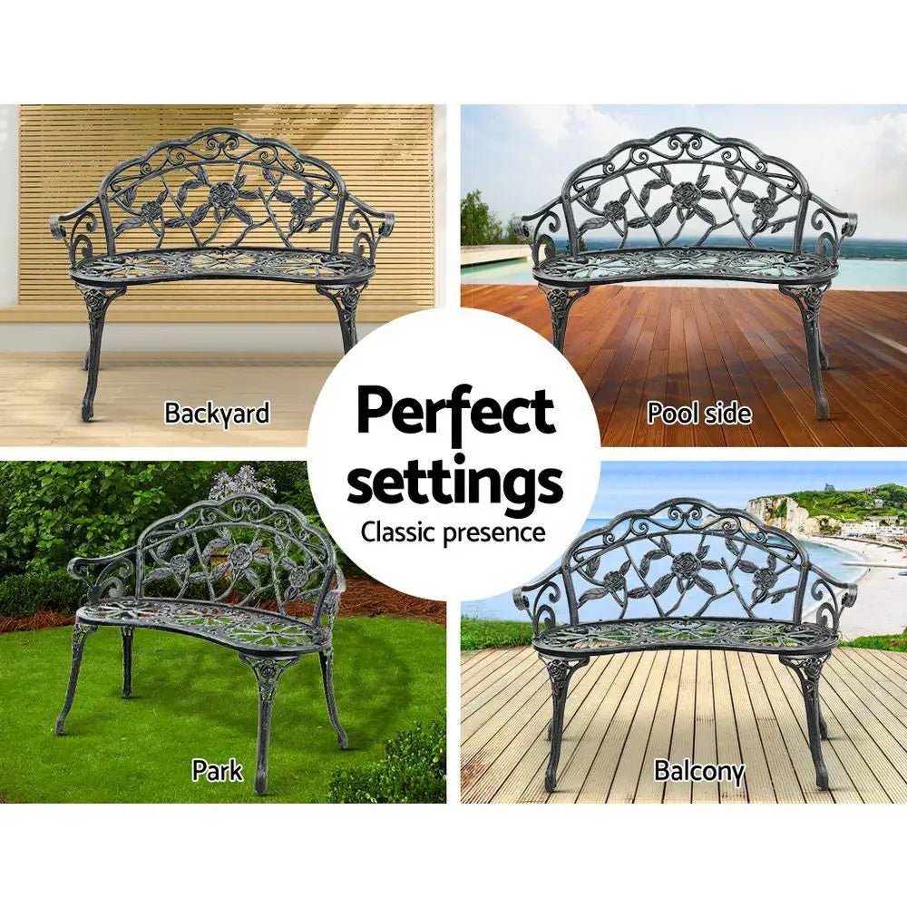 Gardeon Outdoor Garden Bench Seat 100cm Cast Aluminium Patio Chair Vintage Green - Furniture > Outdoor
