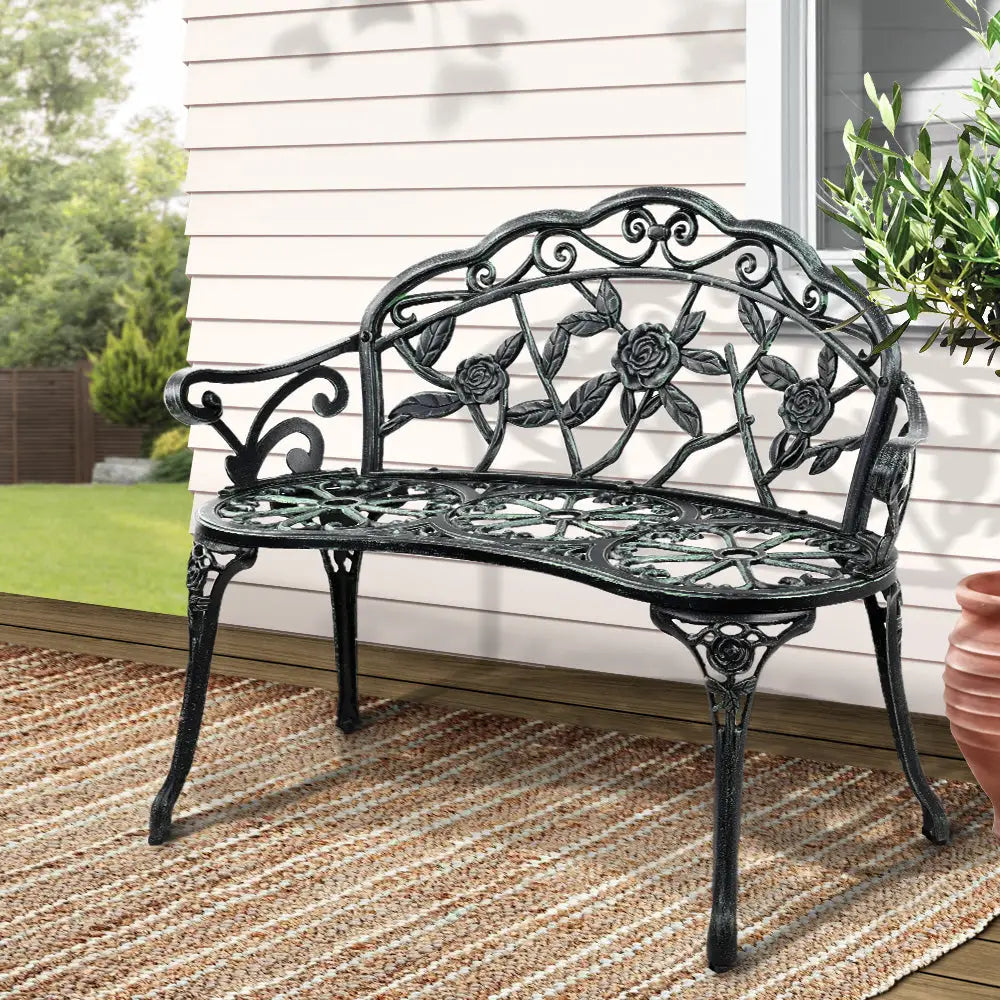 Gardeon Outdoor Garden Bench Seat 100cm Cast Aluminium Patio Chair Vintage Green - Furniture > Outdoor