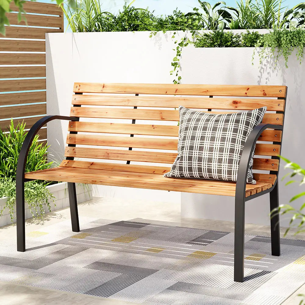 Gardeon Outdoor Garden Bench Seat 120cm Wooden Steel 2 Seater Patio Furniture Natural - Furniture > Outdoor