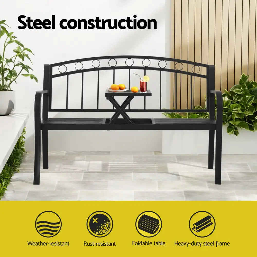 Gardeon Outdoor Garden Bench Seat Loveseat Steel Foldable Table Patio Furniture Black - Furniture > Outdoor > Outdoor