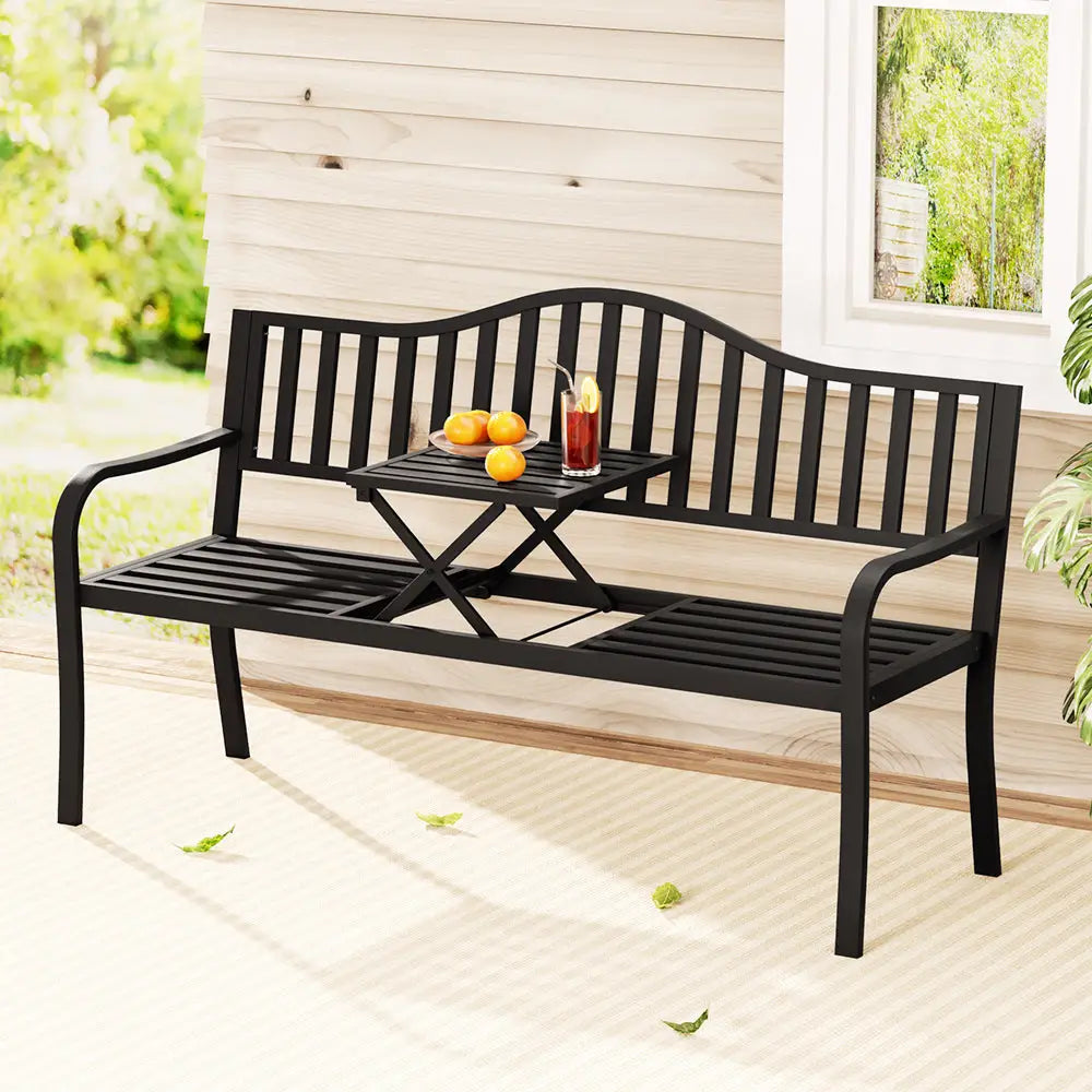 Gardeon Outdoor Garden Bench Seat Loveseat Steel Foldable Table Patio Furniture Black - Furniture > Outdoor
