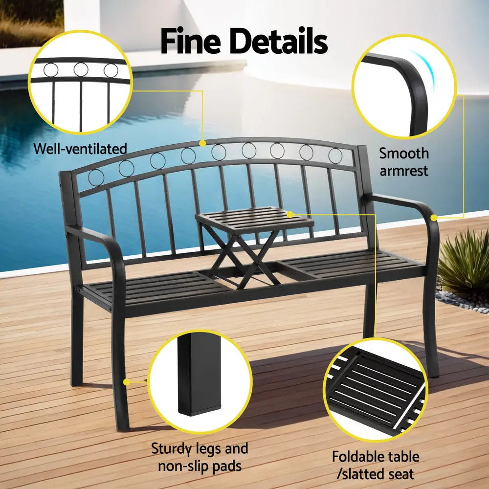 Gardeon Outdoor Garden Bench Seat Loveseat Steel Foldable Table Patio Furniture Black - Furniture > Outdoor > Outdoor
