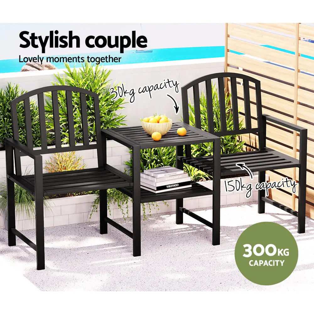 Gardeon Outdoor Garden Bench Seat Loveseat Steel Table Chairs Patio Furniture Black - Furniture > Outdoor