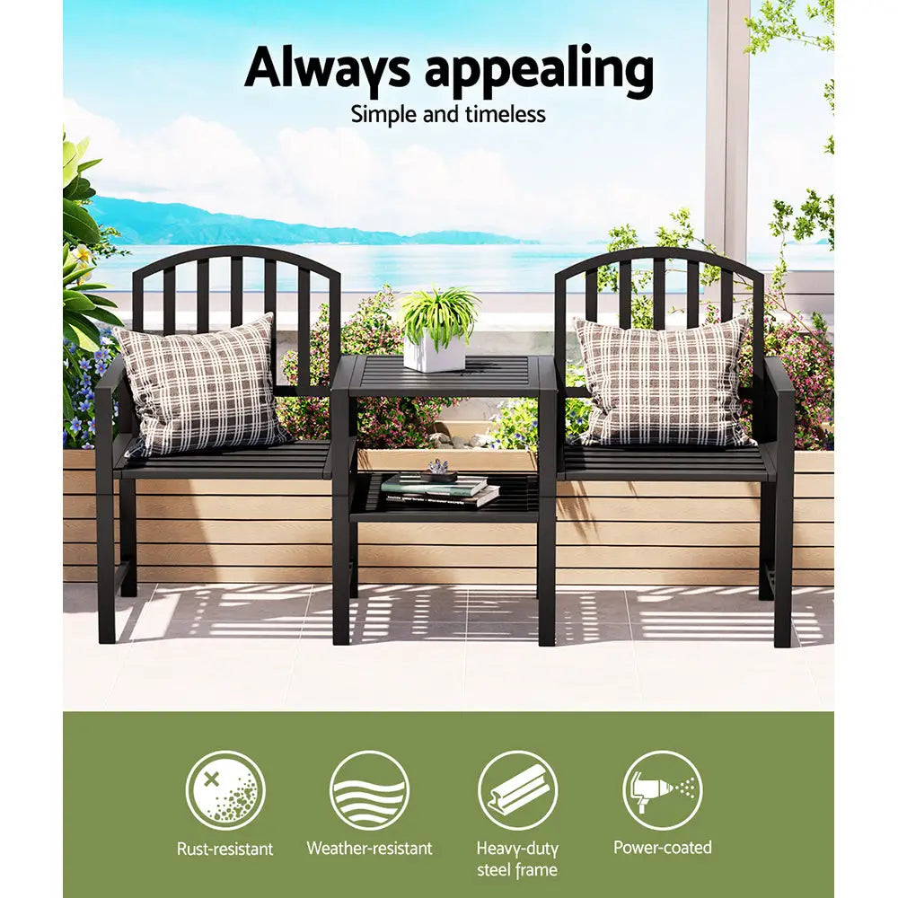 Gardeon Outdoor Garden Bench Seat Loveseat Steel Table Chairs Patio Furniture Black - Furniture > Outdoor