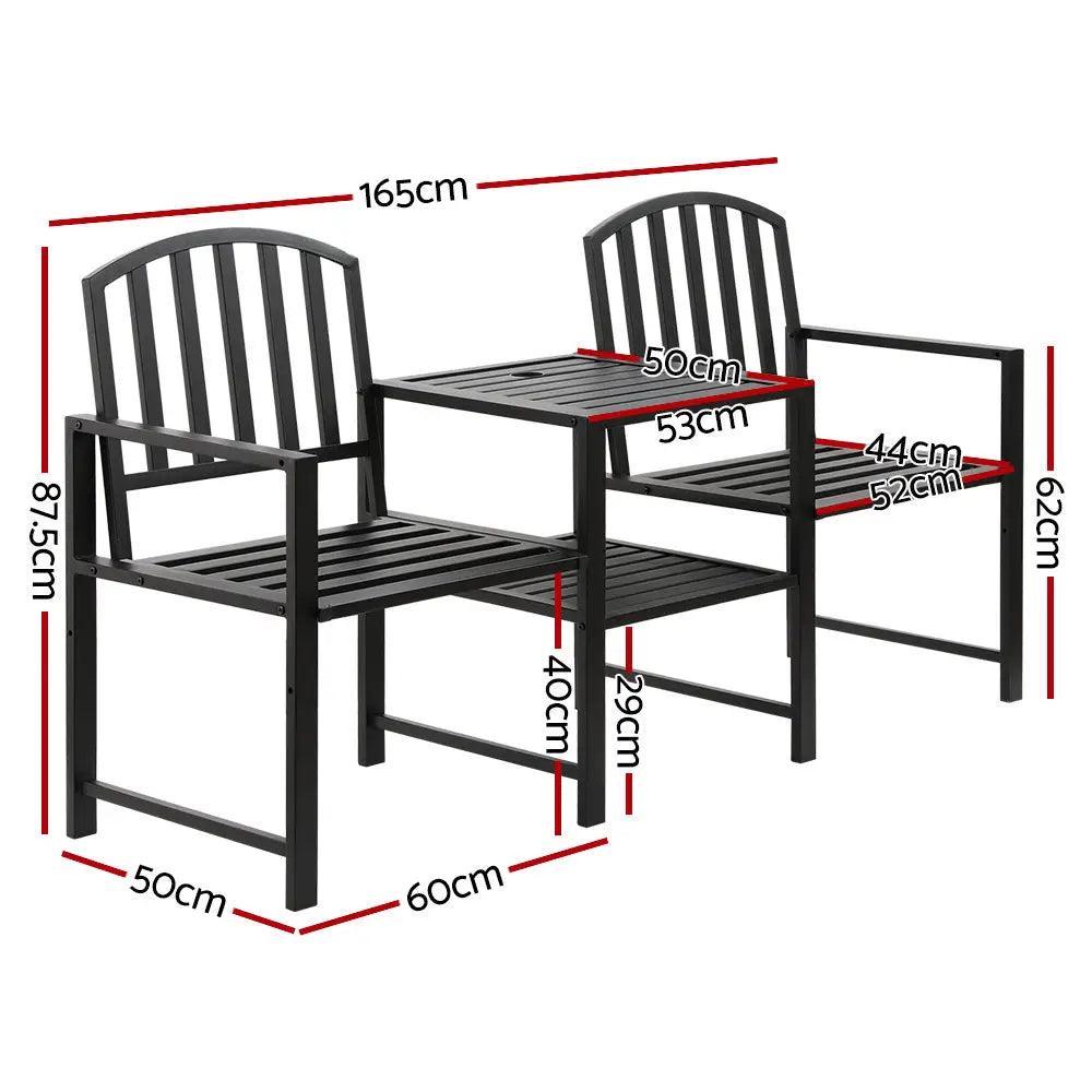 Gardeon Outdoor Garden Bench Seat Loveseat Steel Table Chairs Patio Furniture Black - Furniture > Outdoor