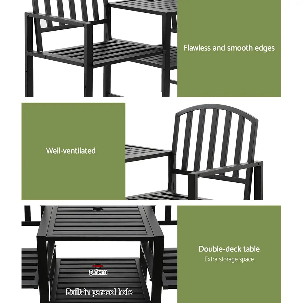 Gardeon Outdoor Garden Bench Seat Loveseat Steel Table Chairs Patio Furniture Black - Furniture > Outdoor
