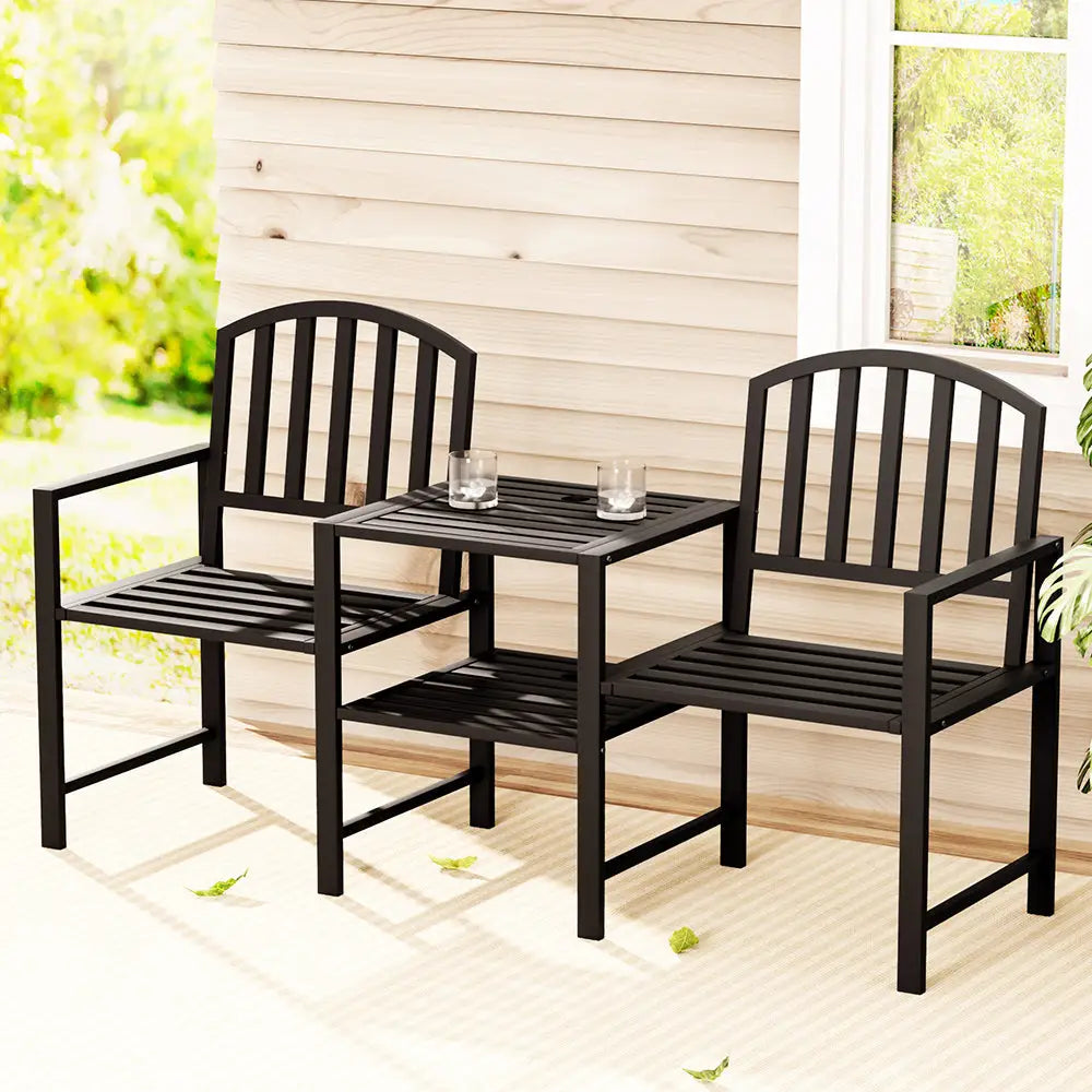 Gardeon Outdoor Garden Bench Seat Loveseat Steel Table Chairs Patio Furniture Black - Furniture > Outdoor