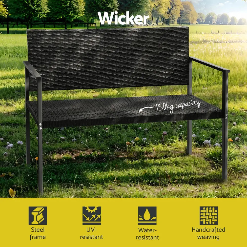 Gardeon Outdoor Garden Bench Seat Rattan Chair Steel Patio Furniture Park Black - Furniture > Outdoor
