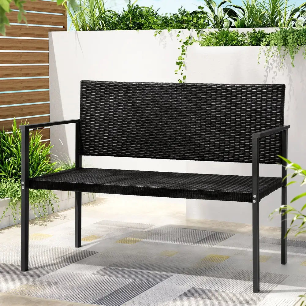 Gardeon Outdoor Garden Bench Seat Rattan Chair Steel Patio Furniture Park Black - Furniture > Outdoor