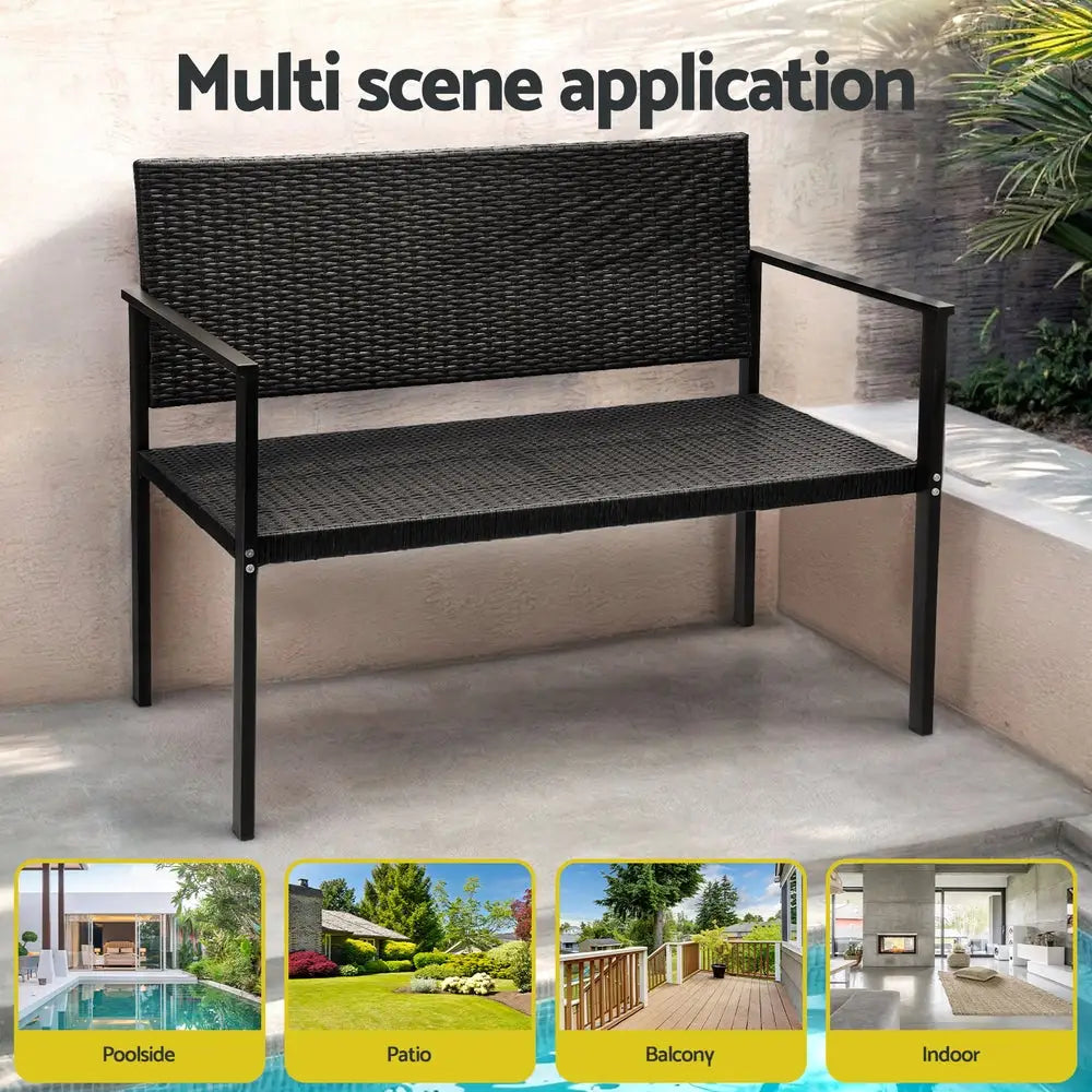 Gardeon Outdoor Garden Bench Seat Rattan Chair Steel Patio Furniture Park Black - Furniture > Outdoor