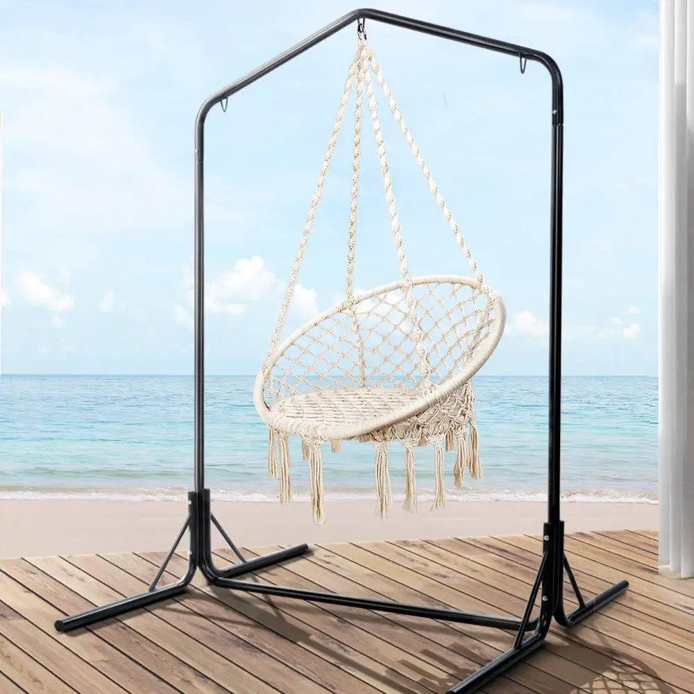 Gardeon Outdoor Hammock Chair with Stand Cotton Swing Relax Hanging 124CM Cream - Furniture > Outdoor