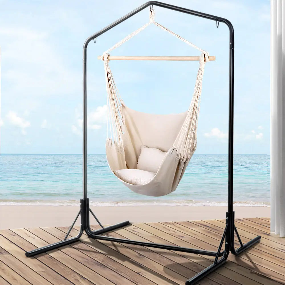 Gardeon Outdoor Hammock Chair with Stand Hanging Hammock with Pillow Cream - Furniture > Outdoor