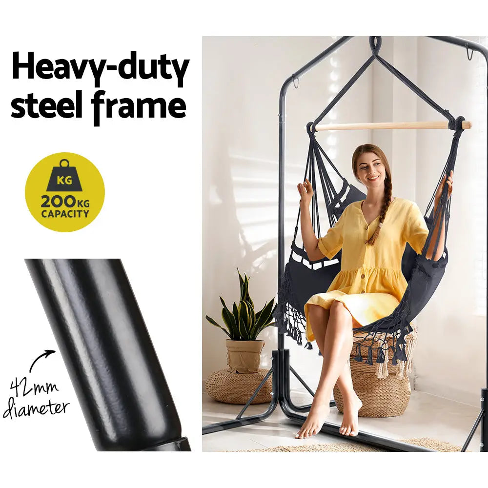 Gardeon Outdoor Hammock Chair with Stand Tassel Hanging Rope Hammocks Grey - Furniture > Outdoor