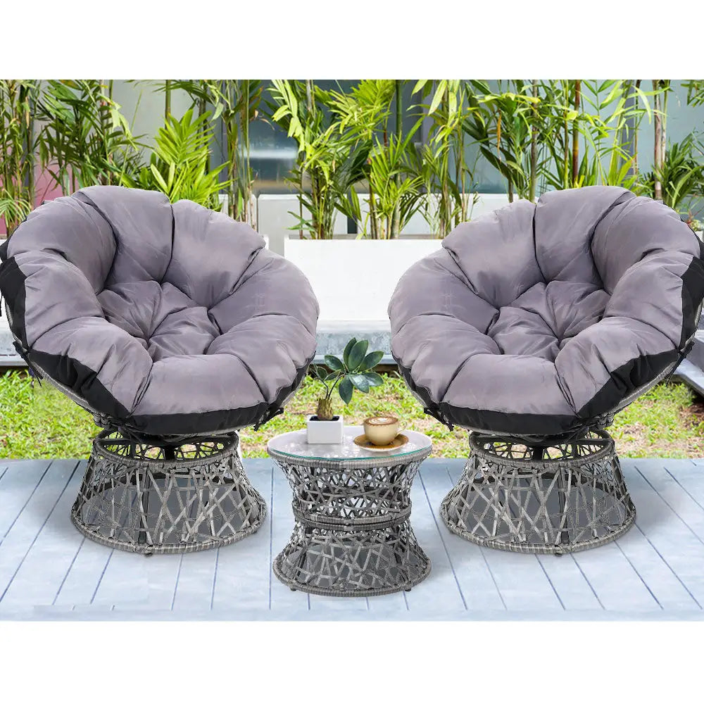 Gardeon Outdoor Lounge Setting Furniture Wicker Papasan Chairs Table Patio Grey - Furniture > Outdoor