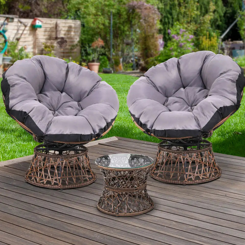 Gardeon Outdoor Lounge Setting Furniture Wicker Papasan Chairs Table Patio Brown - Furniture > Outdoor