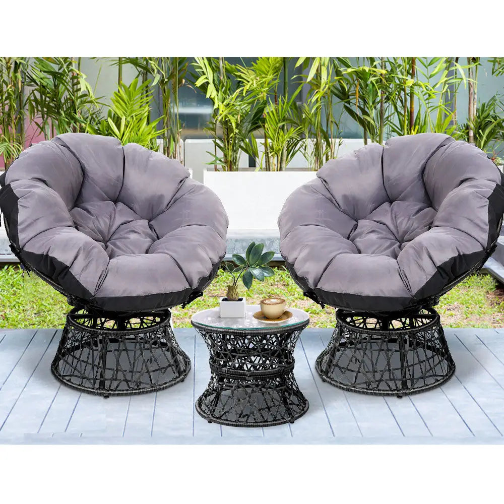 Gardeon Outdoor Lounge Setting Furniture Wicker Papasan Chairs Table Patio Black - Furniture > Outdoor