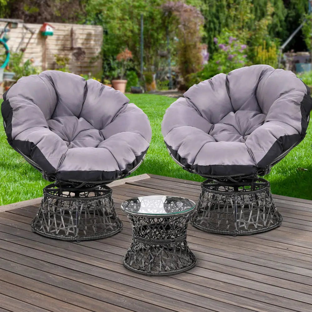 Gardeon Outdoor Lounge Setting Furniture Wicker Papasan Chairs Table Patio Black - Furniture > Outdoor