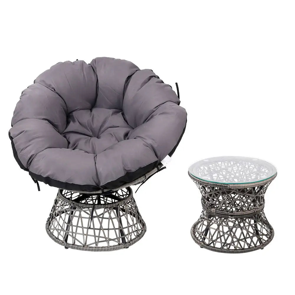 Gardeon Outdoor Lounge Setting Papasan Chair Wicker Table Garden Furniture Grey - Furniture > Bar Stools & Chairs