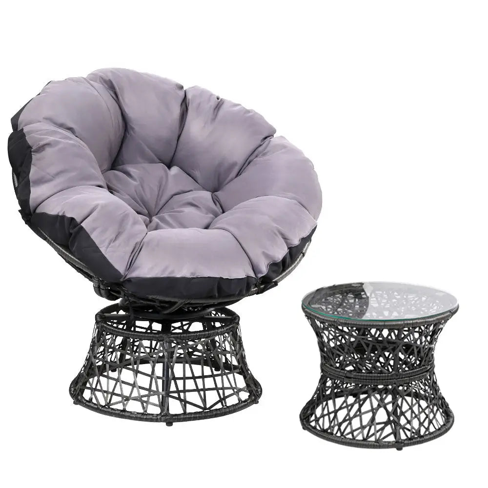 Gardeon Outdoor Lounge Setting Papasan Chair Wicker Table Garden Furniture Black - Furniture > Bar Stools & Chairs