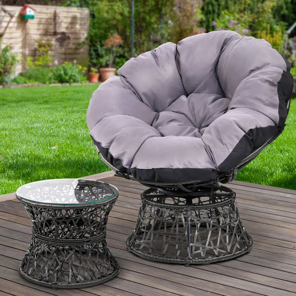 Gardeon Outdoor Lounge Setting Papasan Chair Wicker Table Garden Furniture Black - Furniture > Bar Stools & Chairs