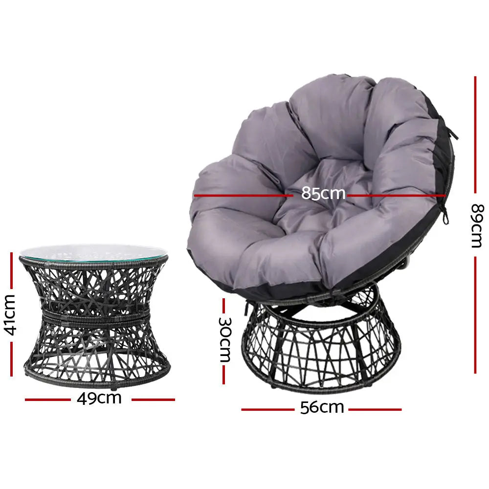 Gardeon Outdoor Lounge Setting Papasan Chair Wicker Table Garden Furniture Black - Furniture > Bar Stools & Chairs