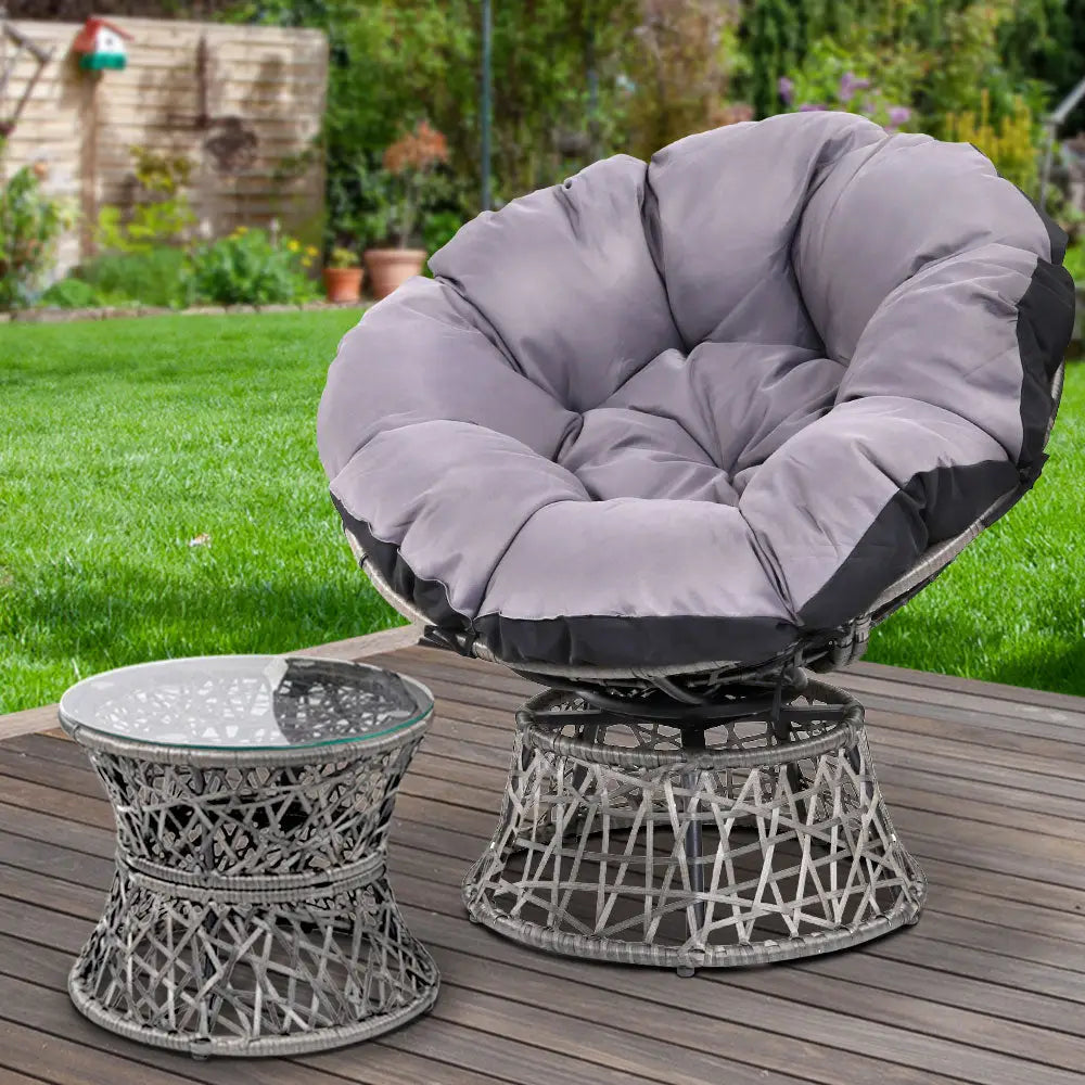 Gardeon Outdoor Lounge Setting Papasan Chair Wicker Table Garden Furniture Grey - Furniture > Bar Stools & Chairs