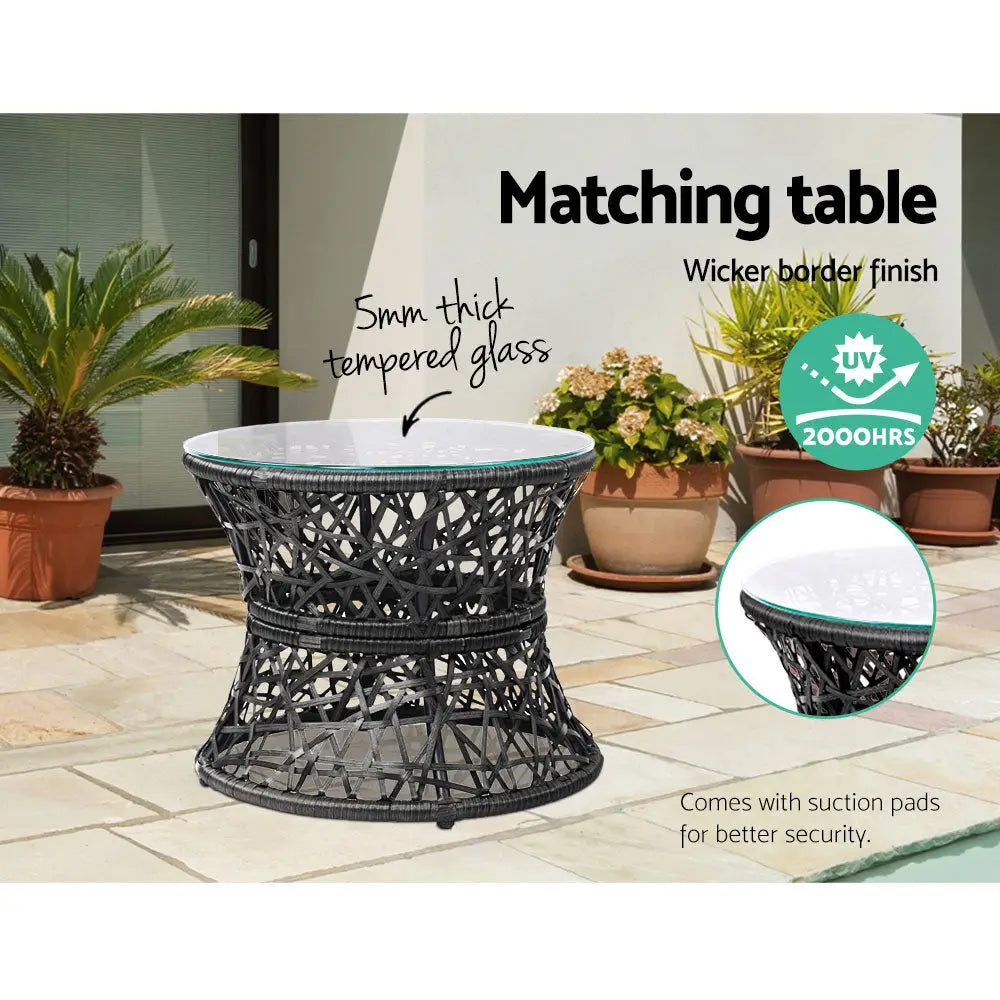 Gardeon Outdoor Lounge Setting Papasan Chair Wicker Table Garden Furniture Black - Furniture > Bar Stools & Chairs