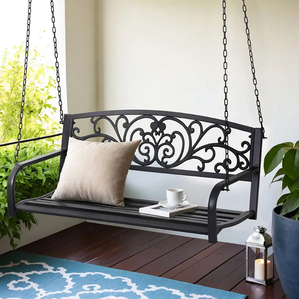 Gardeon Outdoor Porch Swing Chair Patio Furniture Floral Backrest 2 Seater Black - Furniture > Outdoor > Outdoor Benches