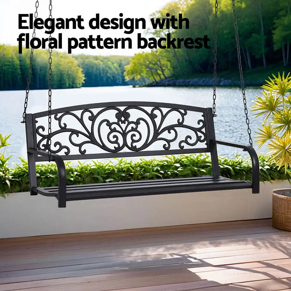 Gardeon Outdoor Porch Swing Chair Patio Furniture Floral Backrest 2 Seater Black - Furniture > Outdoor > Outdoor Benches