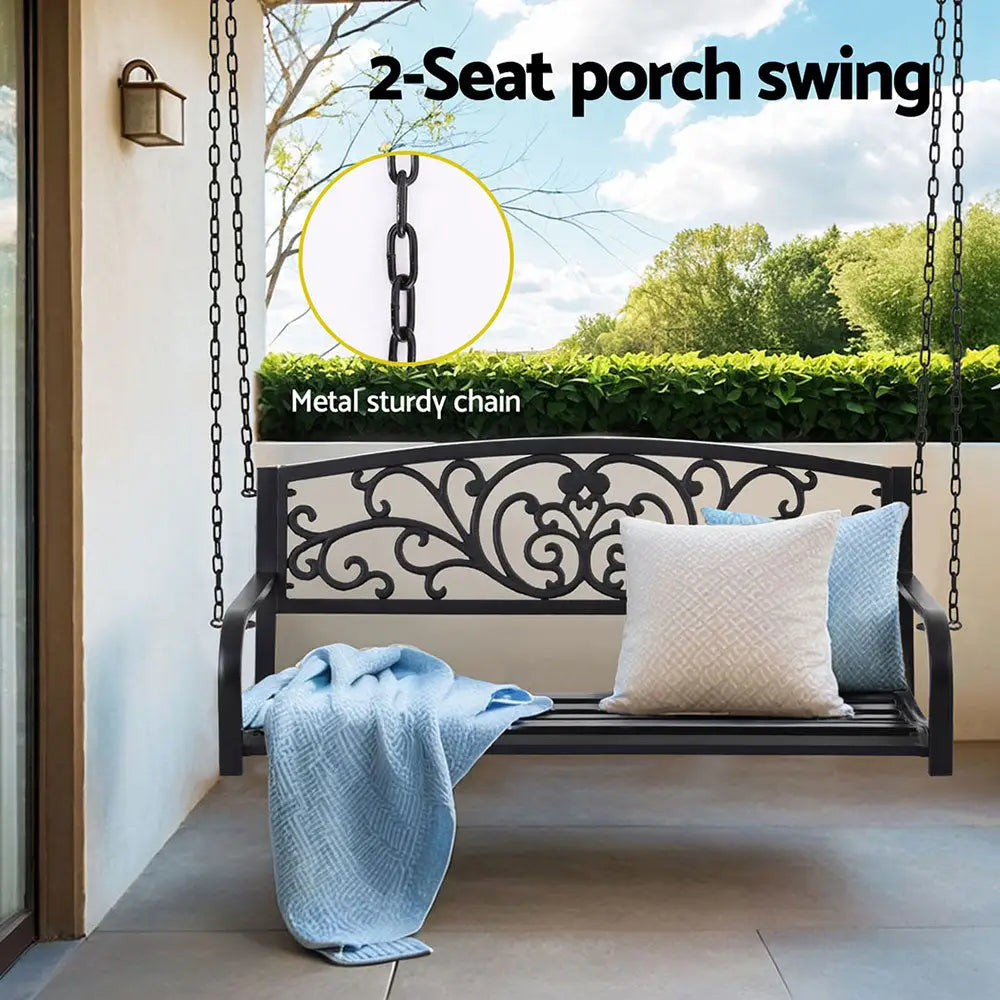Gardeon Outdoor Porch Swing Chair Patio Furniture Floral Backrest 2 Seater Black - Furniture > Outdoor > Outdoor Benches