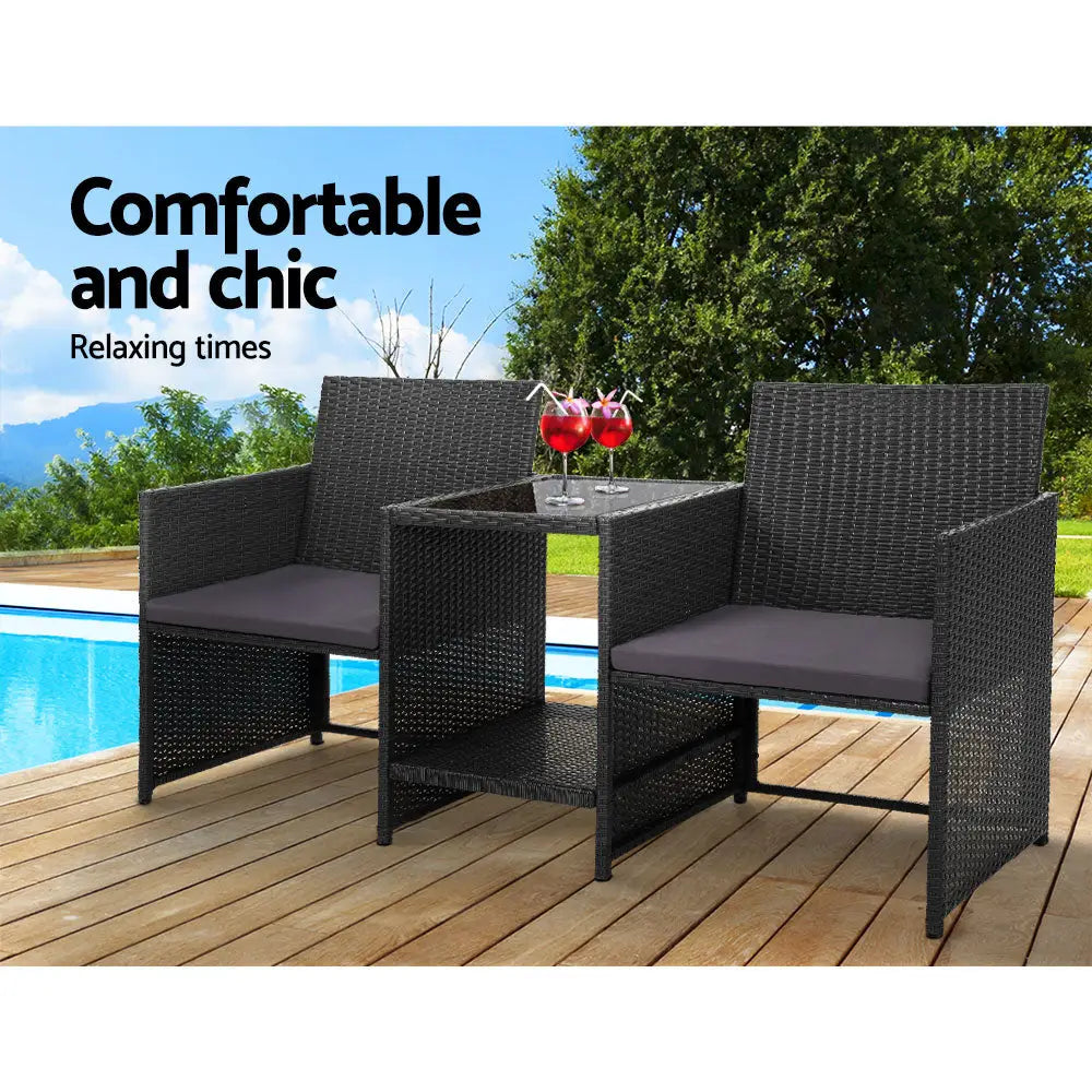 Gardeon Outdoor Setting Wicker Loveseat Birstro Set Patio Garden Furniture Black - Furniture > Outdoor > Outdoor Chairs