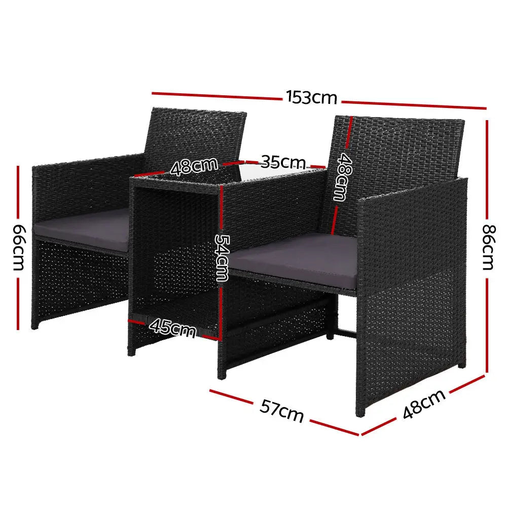 Gardeon Outdoor Setting Wicker Loveseat Birstro Set Patio Garden Furniture Black - Furniture > Outdoor > Outdoor Chairs