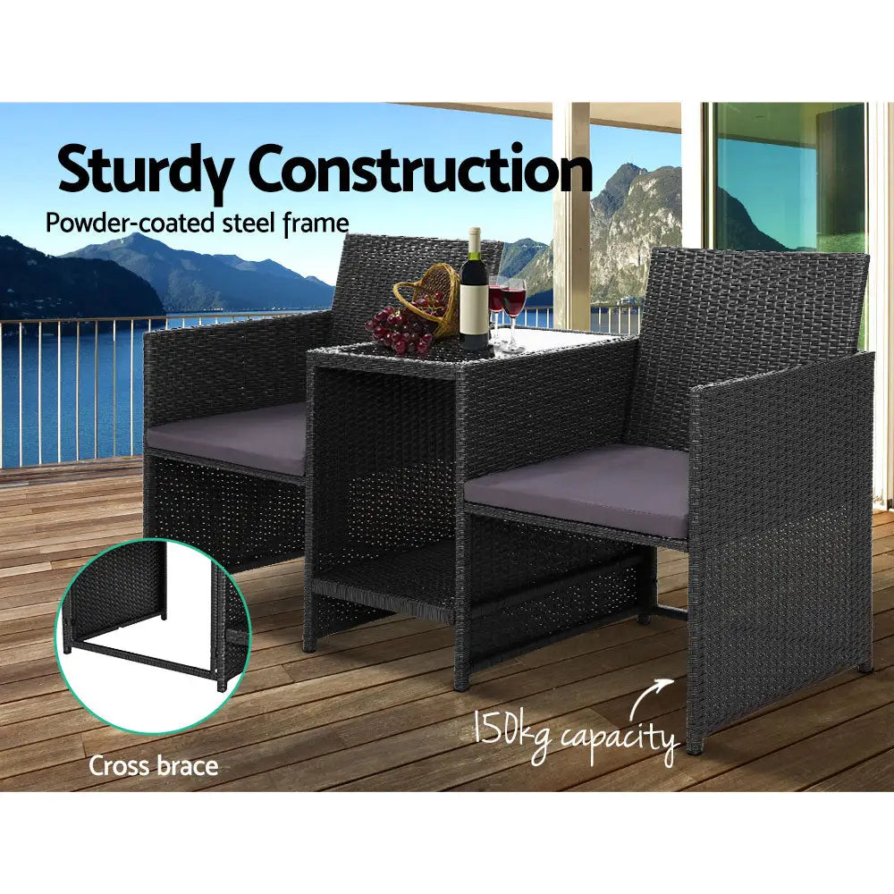Gardeon Outdoor Setting Wicker Loveseat Birstro Set Patio Garden Furniture Black - Furniture > Outdoor > Outdoor Chairs