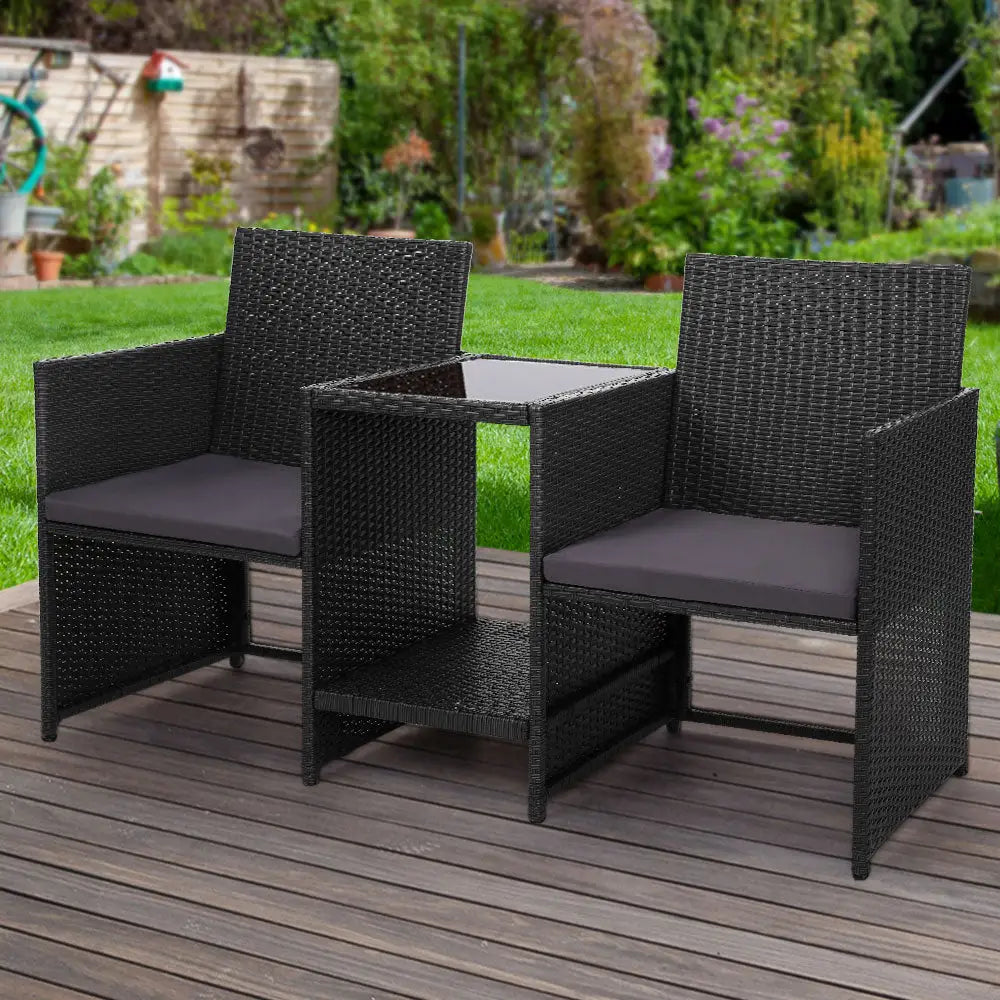 Gardeon Outdoor Setting Wicker Loveseat Birstro Set Patio Garden Furniture Black - Furniture > Outdoor > Outdoor Chairs
