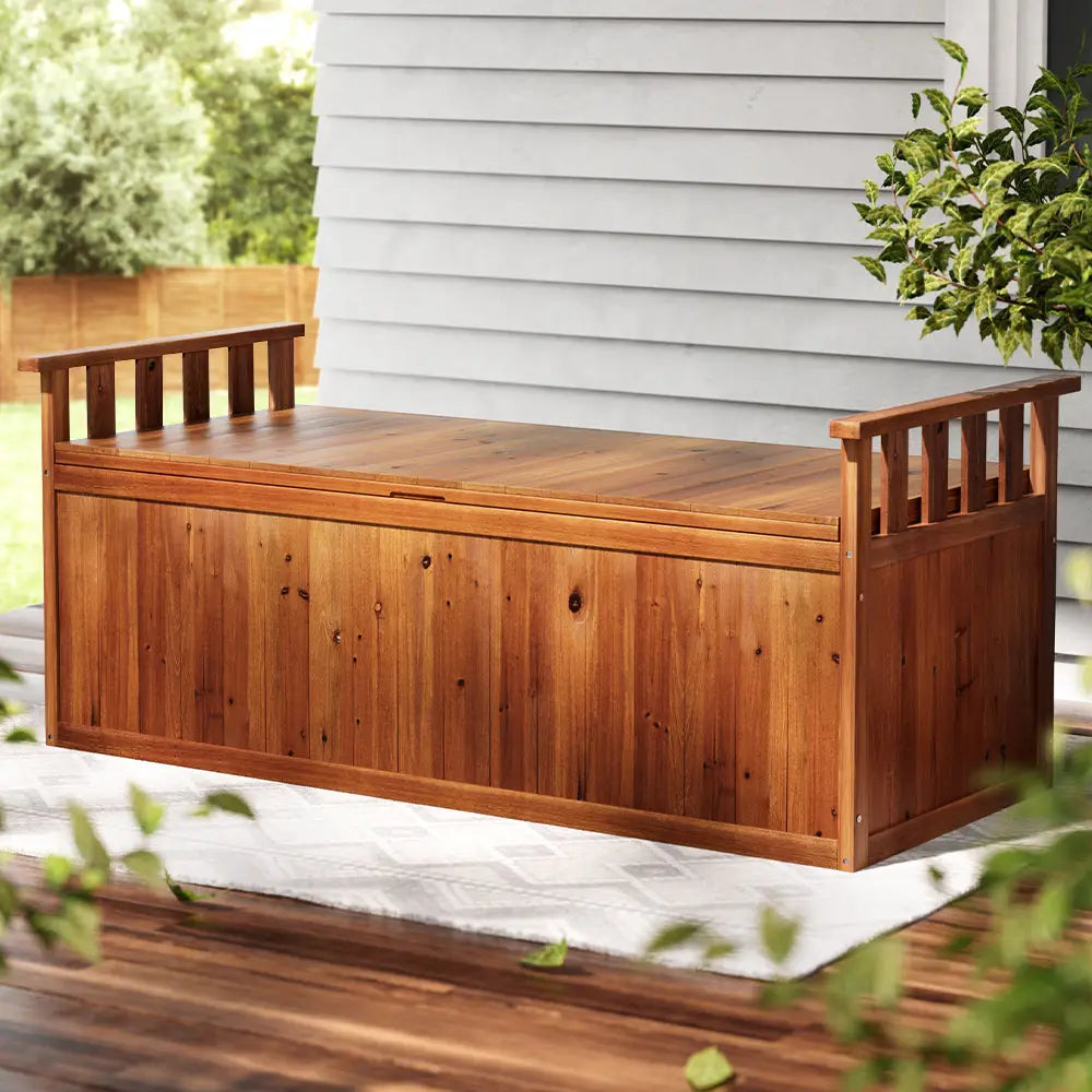 Gardeon Outdoor Storage Bench Box 129cm Wooden Garden Toy Chest Sheds Patio Furniture XL Natural - Home & Garden >