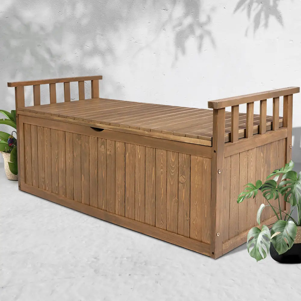 Gardeon Outdoor Storage Bench Box 129cm Wooden Garden Toy Chest Sheds Patio Furniture XL Natural - Home & Garden >