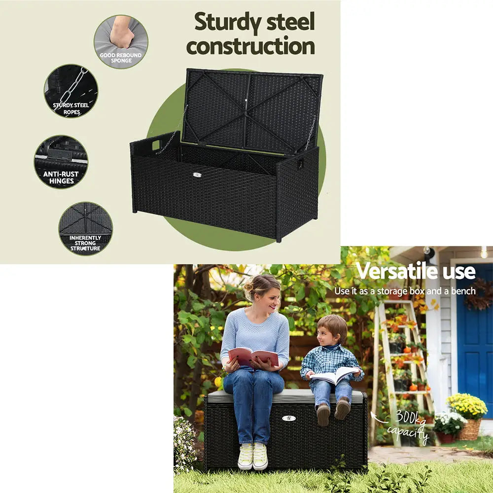 Gardeon Outdoor Storage Bench Box Wicker Garden Sheds Tools Cushion Patio Furniture Black - Furniture > Outdoor >