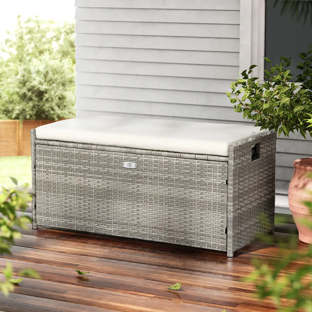 Gardeon Outdoor Storage Bench Box Wicker Garden Sheds Tools Cushion Patio Furniture Grey - Furniture > Outdoor >