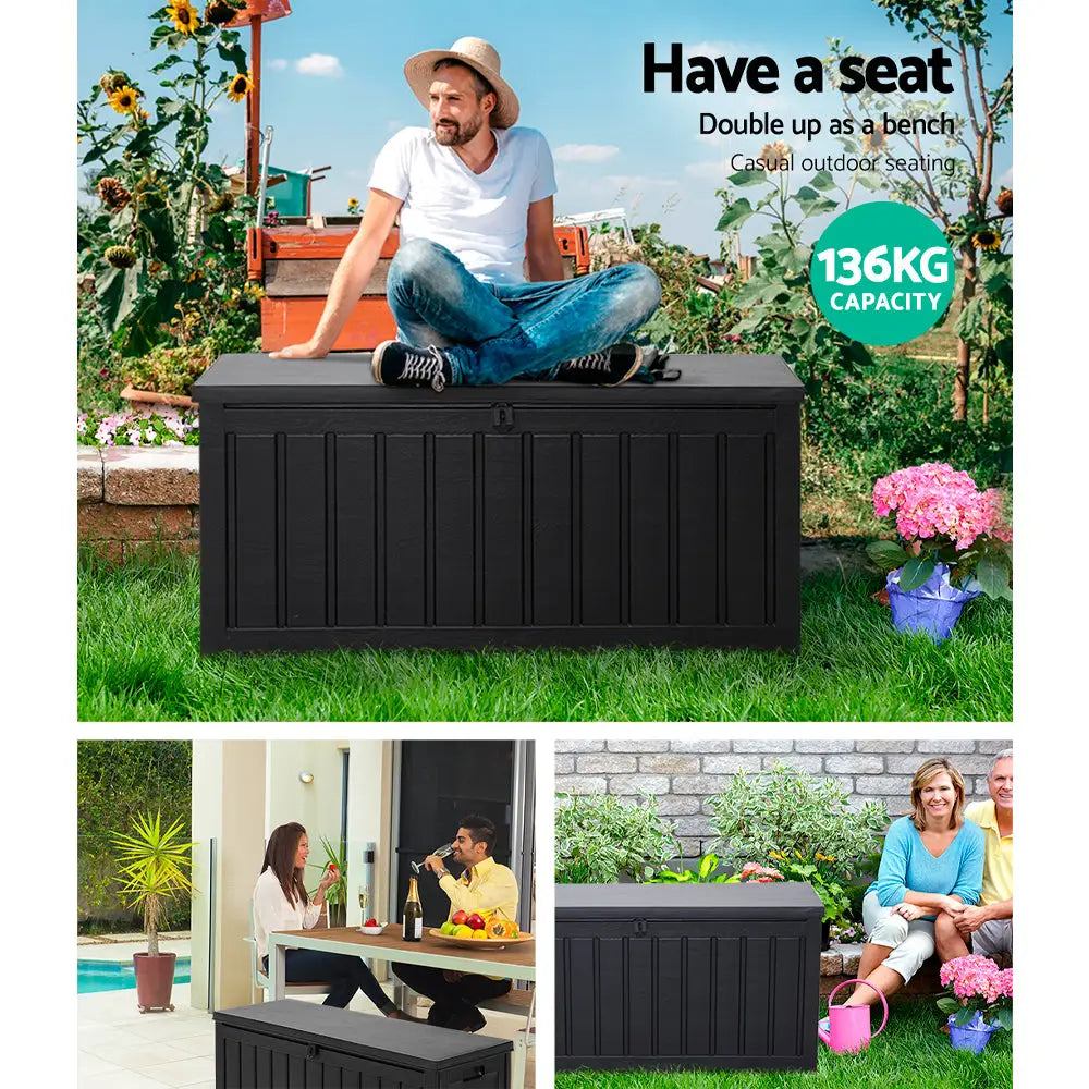 Gardeon Outdoor Storage Box 240L Container Lockable Garden Bench Tool Shed Black - Home & Garden > Storage