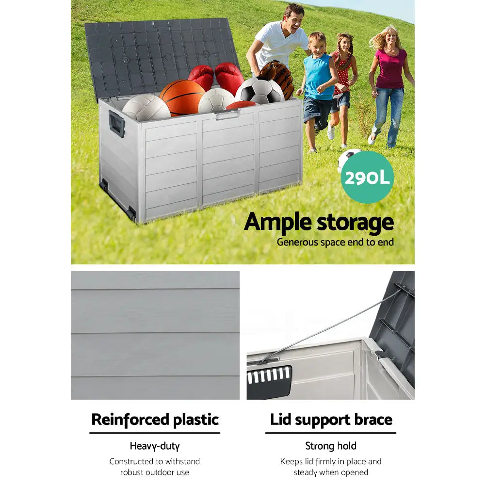Gardeon Outdoor Storage Box 290L Lockable Organiser Garden Deck Shed Tool Grey - Home & Garden > Storage