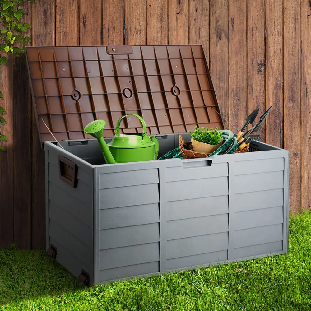 Gardeon Outdoor Storage Box 290L Lockable Organiser Garden Deck Shed Tool Brown - Home & Garden > Storage